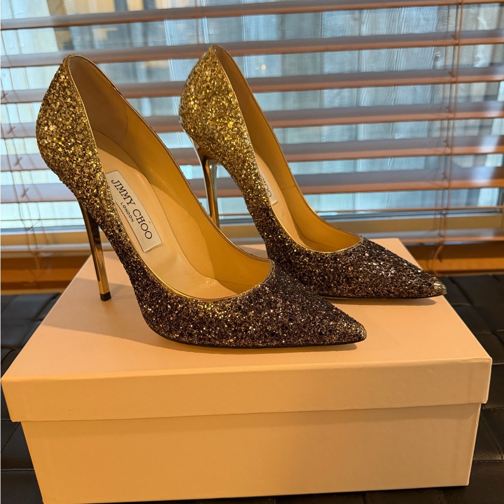 Jimmy Choo Gold and Silver Glitter Stiletto Pumps